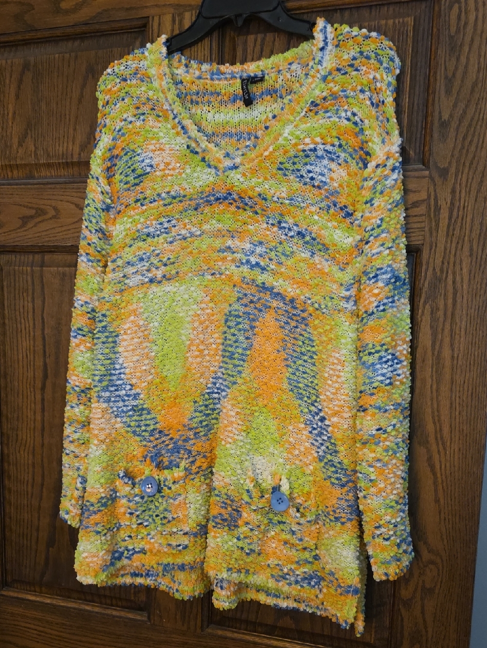 V-Neck Multicolor Knit Sweater with Front Pocket Detail